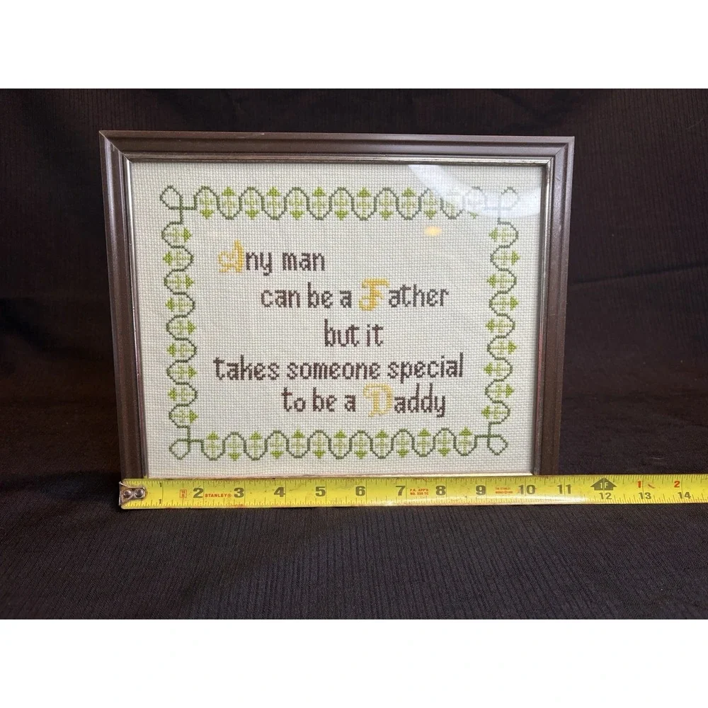 Vintage Handmade Framed Cross Stitch Father Daddy Quote Wall Art Decor